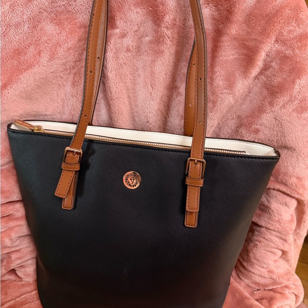 Anne Klein Black Tote with Tan Straps and Gold Logo